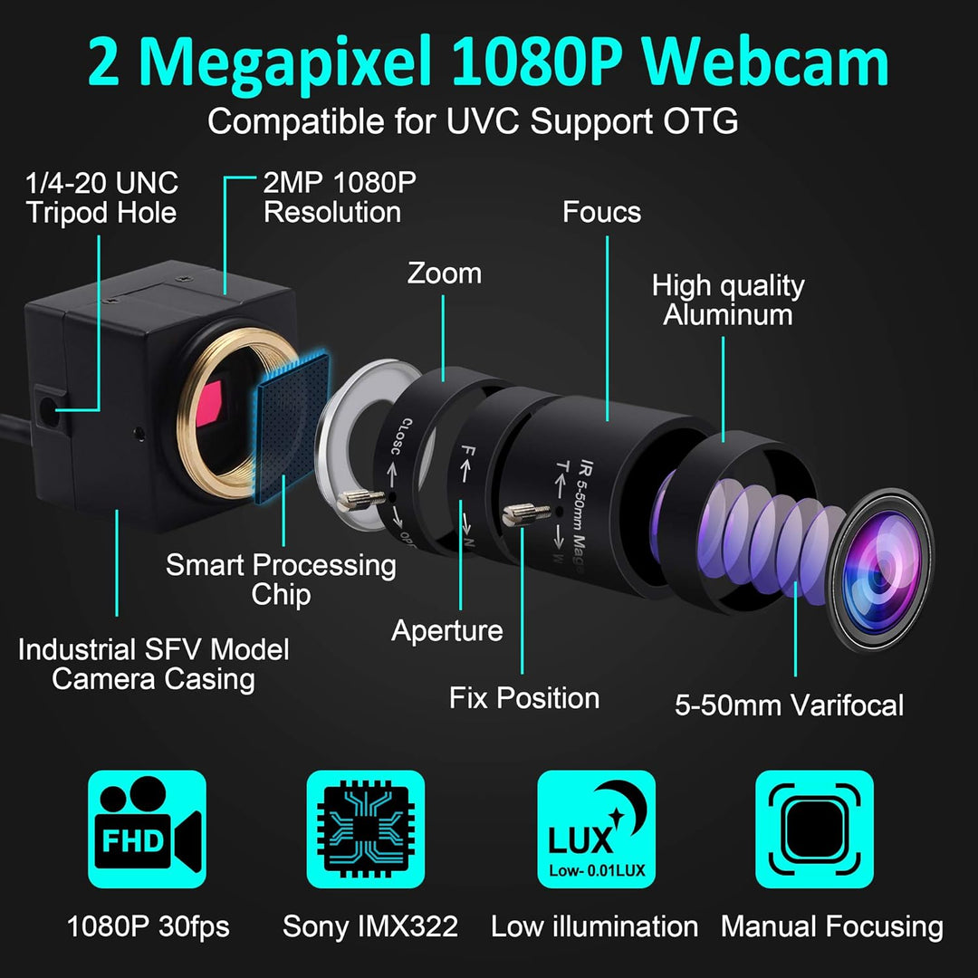 ELP USB Kamera 1080P Low Illumination Webcam 5-50mm Optischer Zoom Objektiv Variabler Fokus IMX323 U