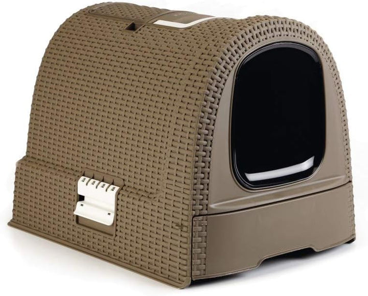 Curver petlife Katzentoilette mit Deckel, Katzenklo inklusive Schaufel, Moderne Rattangeflecht-Optik
