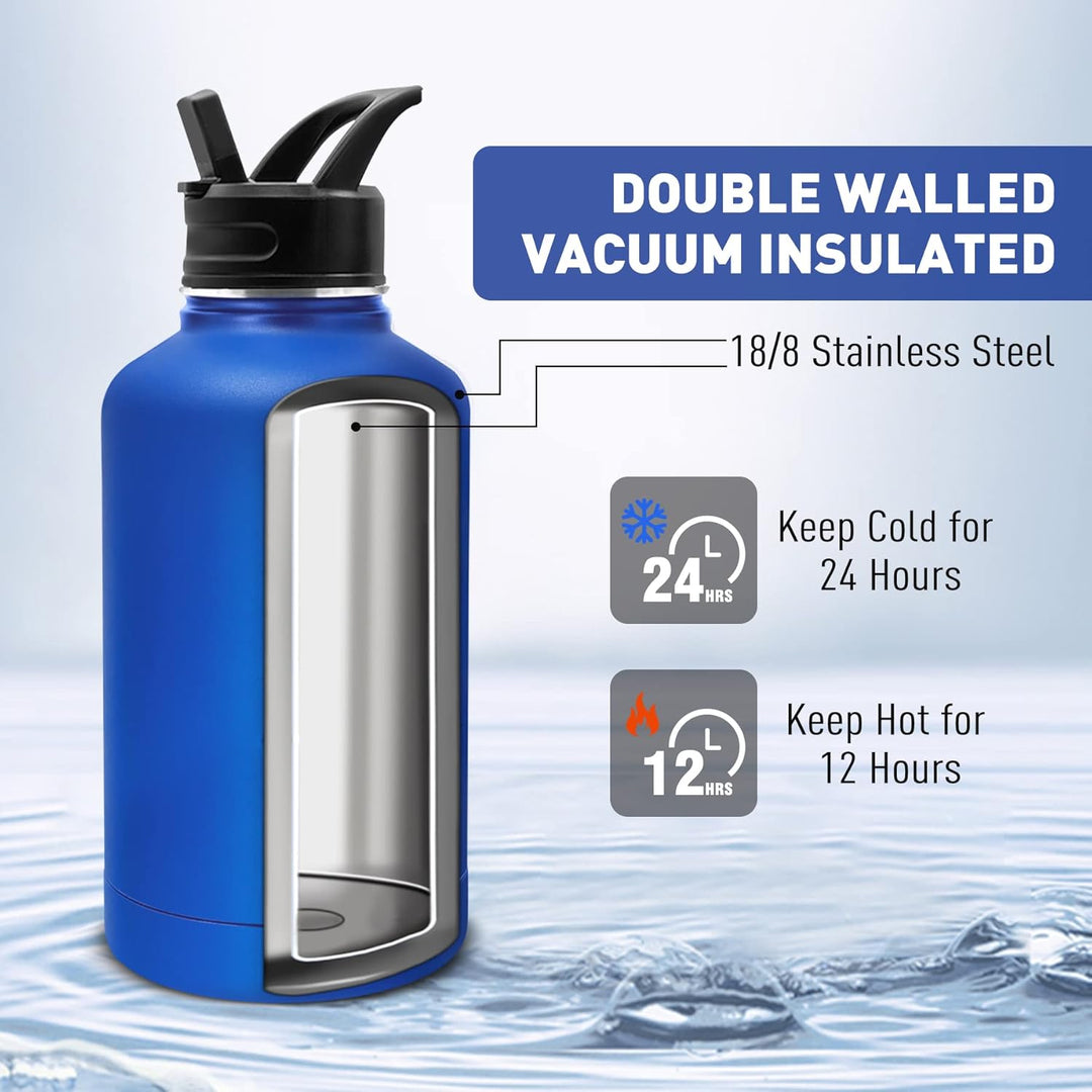 Exllena 2 Liter Edelstahl Wasserflasche, doppelt isolierte Wasserflaschen mit zwei Deckeln und schüt
