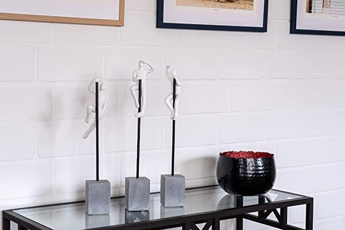 IDYL Moderne Skulptur Figur Sandsteinguss Set Looking Waving Hanging Man an kurzer Stange | Weiss-ma