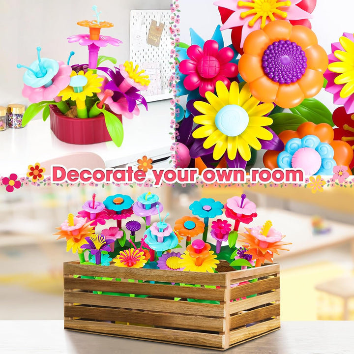 Fivejoy Blumengarten Spielzeug Für Mädchen 134PCS, DIY Bouquet Set Mit Rosa Box Draussen & Drinnen S