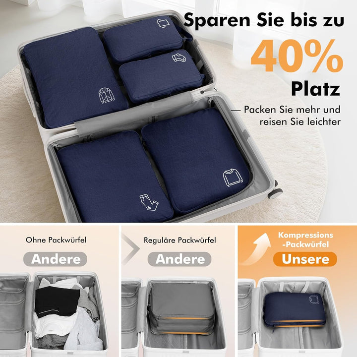 Packing Cubes Compression 5 Stück, Koffer Organizer Packwürfel Travel Essentials Reise Organizer Set