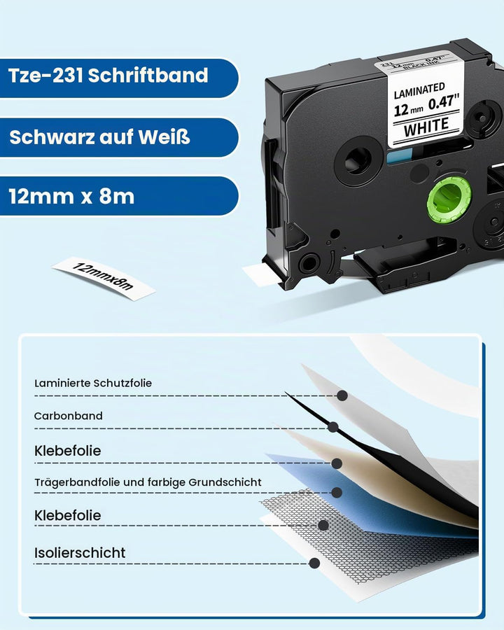 Tze 231 Tape Cassette 12mm Black on White Kompatibel mit Brother P touch Schriftband 12mm,(kompatibe
