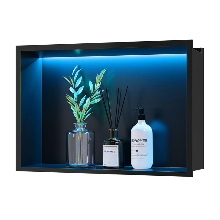 Wandnische Dusche Edelstahl mit RGB LED-Licht, Eingebettete Duschnische Schwarz Einzelregal Lagerung