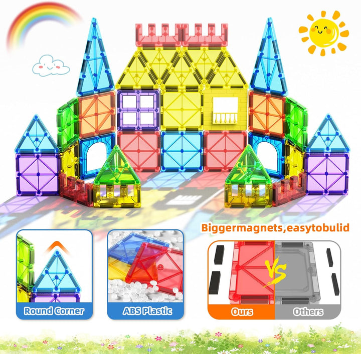 102PCS Magnetische Bausteine mit 2 Autos Magnetbausteine Kinder Magnetspiel Montessori Magnet Bauste