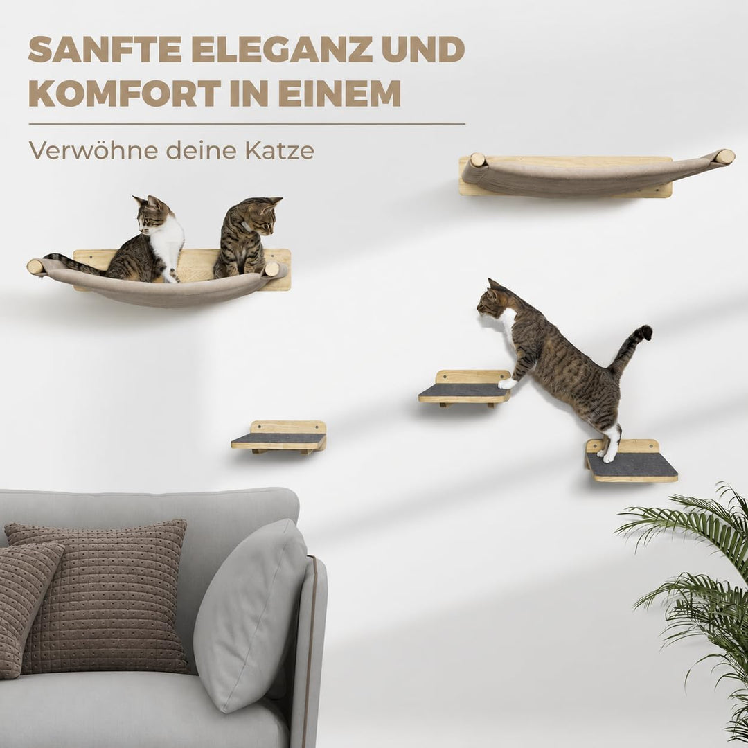 WOOWOOD Katzen Kletterwand 6-teilig, 2 Hängematten, 4 Katzentreppen | Wandmontage ohne Bodenfläche,