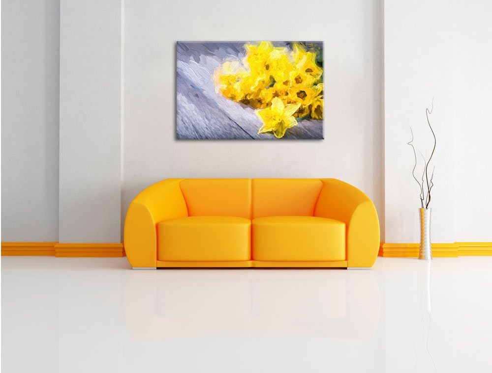 Pixxprint Bündel gelber Narzissen Kunst / 100x70cm Leinwandbild bespannt auf Holzrahmen/Wandbild Kun