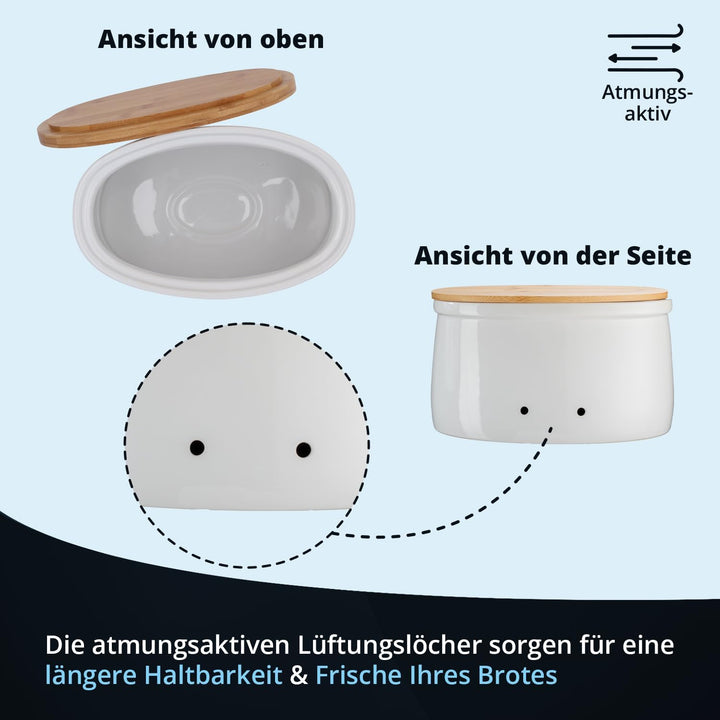 KHG Brotkasten aus Keramik Steingut gross & glasiert in Weiss mit Holzdeckel, Aufbewahrung Brotkaste