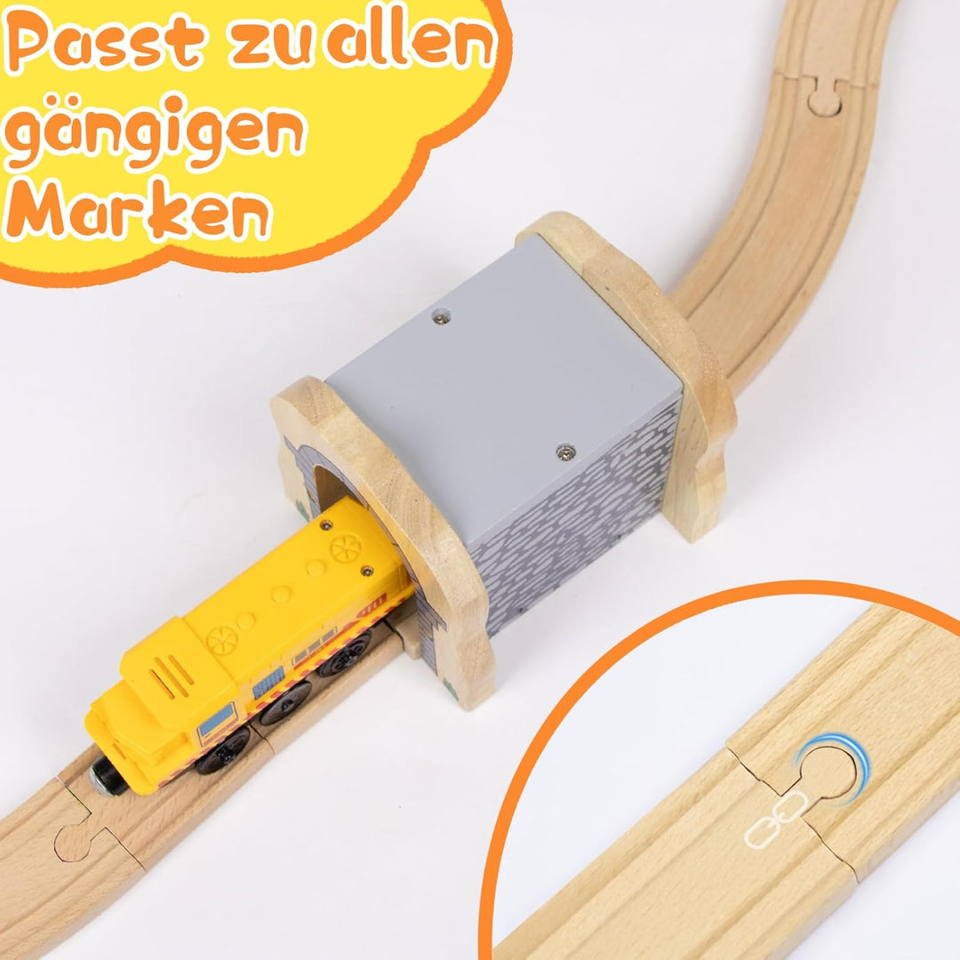 Holzeisenbahn Grauer Tunnel Set mit 2 Kurzen Geraden, Holzeisenbahn Zubehör kompatibel mit führenden