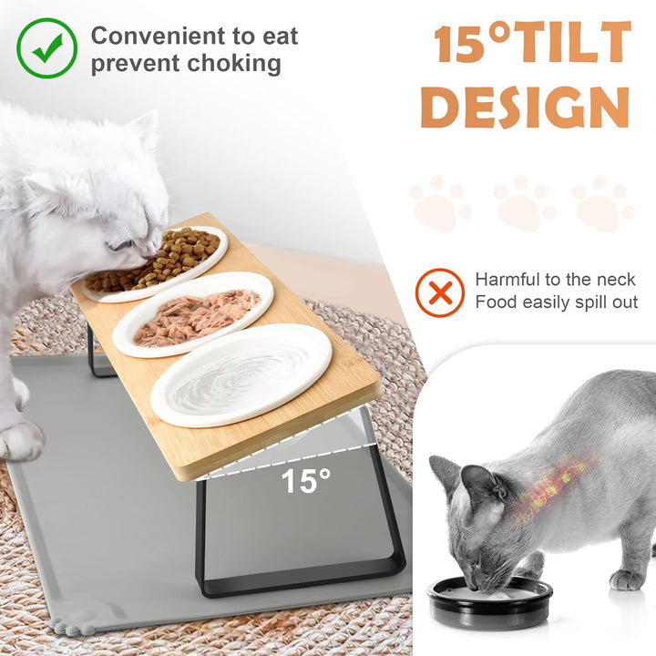 Lannvan Katzennapf Erhöht - 3er Set Futternapf aus Keramik mit Napfunterlage Silikon - 15° gekippte