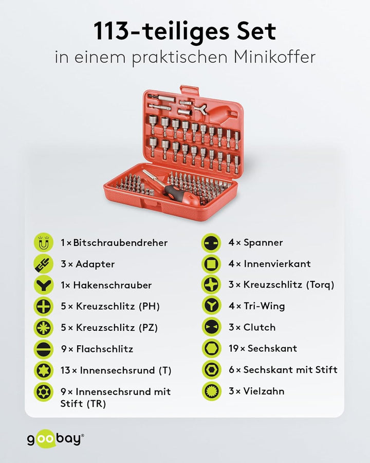 Goobay 77119 Bit Set Universal 113 Teile / Bitsatz mit magnetischen Bitschraubendreher 6,3mm / S2 We