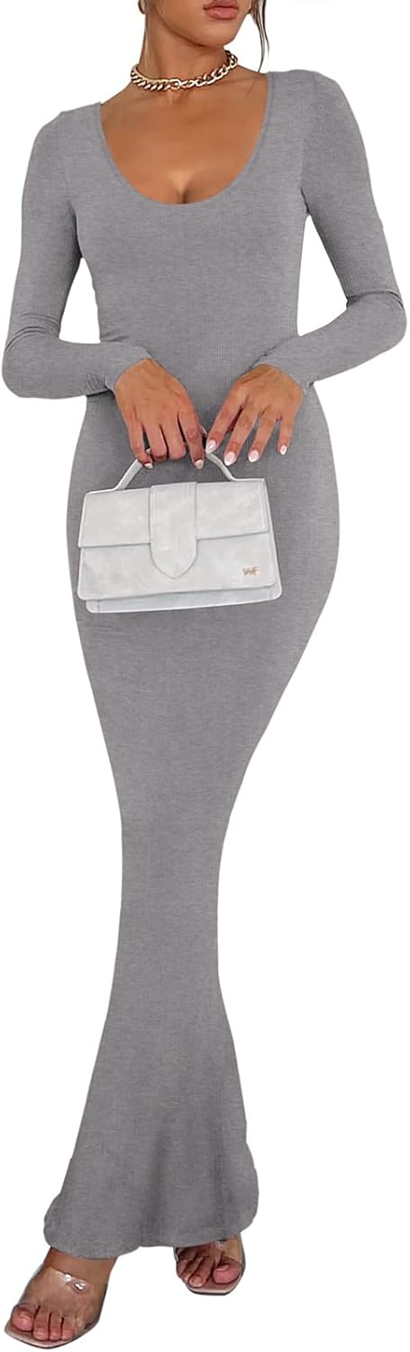 REORIA Damen Sexy U-Ausschnitt Langarm Lounge Langes Kleid Gerippte figurbetonte Maxikleider XS Hell