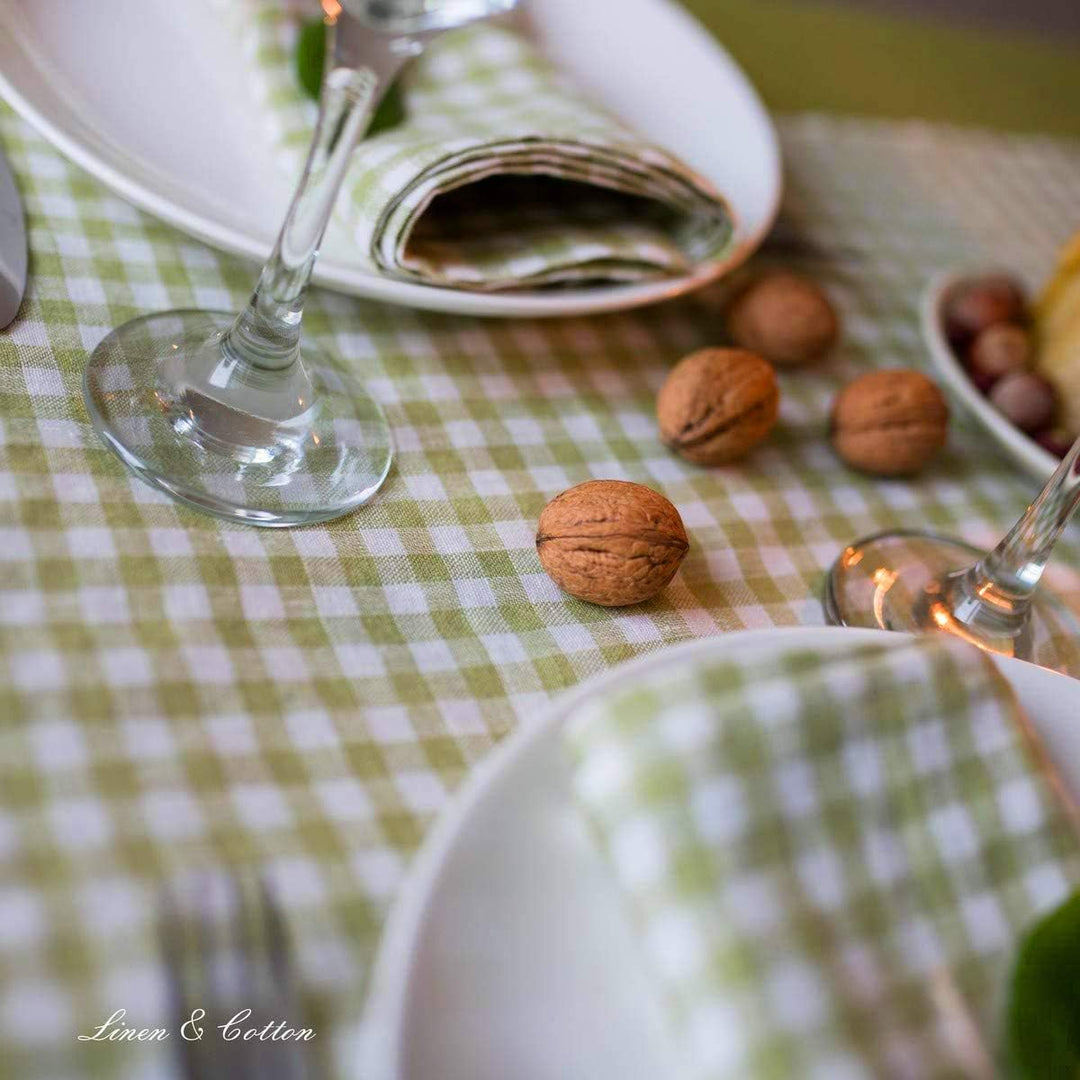 Linen &amp; Cotton Tischläufer Stoff Tischdekoration Tischwäsche Estella - 100% Leinen, Weiss Weiss Grün