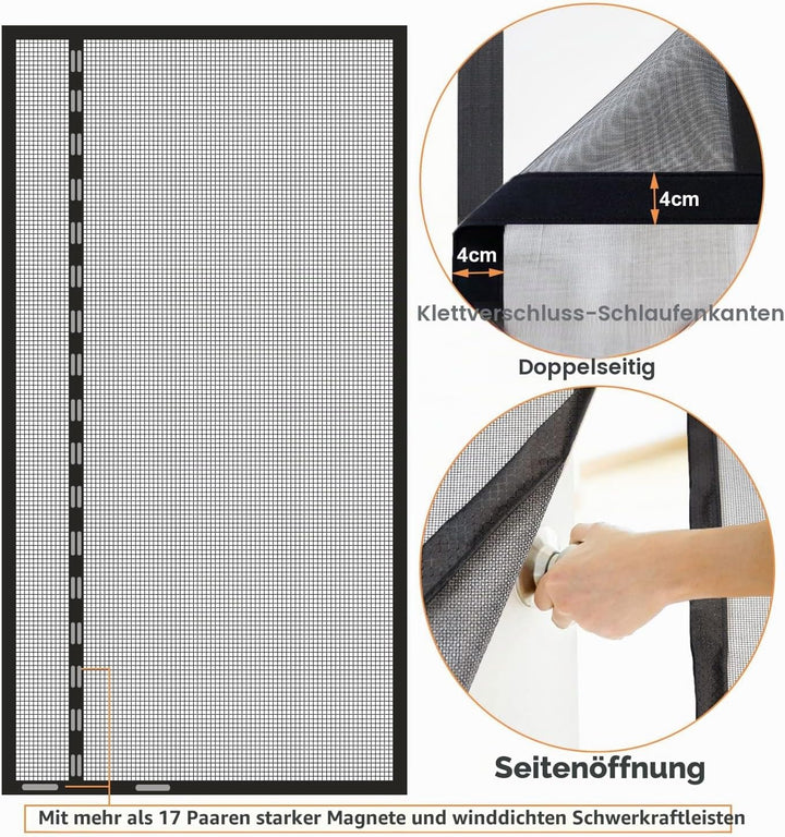 Risareyi Seitliche Öffnung Magnet Fliegengitter Balkontür 160x215cm Schwarz