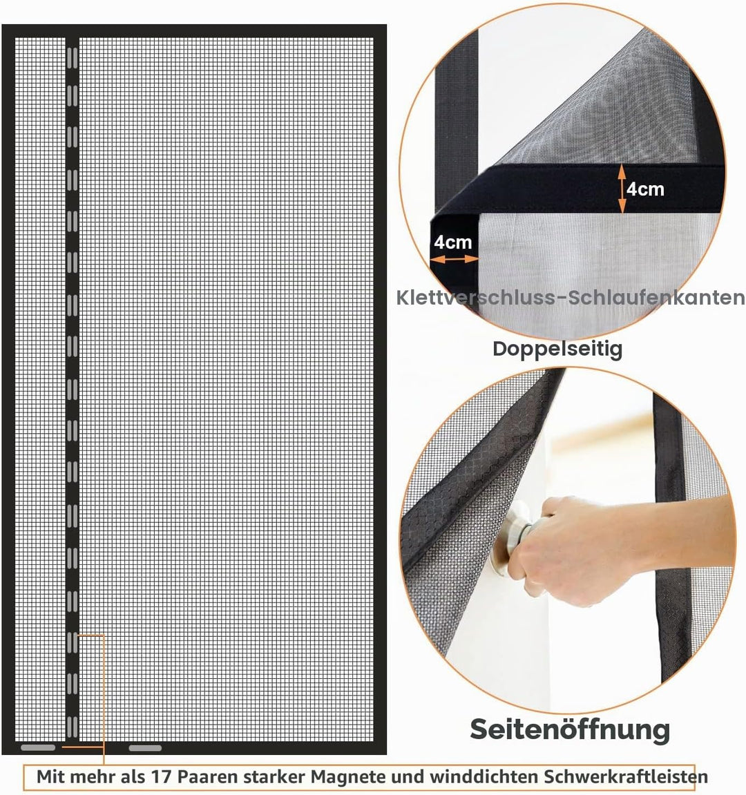 Risareyi Seitliche Öffnung Magnet Fliegengitter Balkontür 150x205cm Schwarz