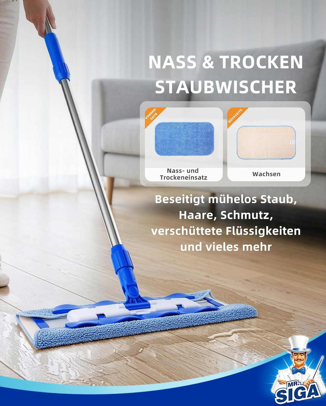 MR.SIGA Professionelle Mikrofaser-Wischmop Bodenwischer Reinigung für Hartholz-, Laminat-, Fliesenbo