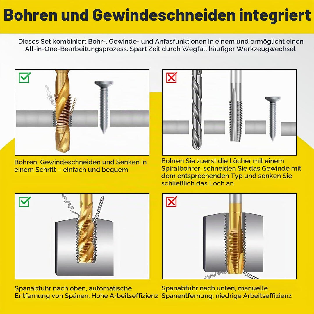 HSEAMALL 13 Stück Gewindebohrer Set,Kombi-Bohrer Gewindebohrer Bit Satz 6mm HSS M3-M10 Gewindeschnei