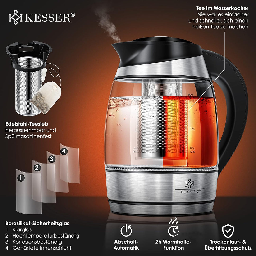 KESSER® Wasserkocher 1,8L Edelstahl mit LED Beleuchtung-Farbe je nach Temperaturwahl 60, 70, 80, 90,