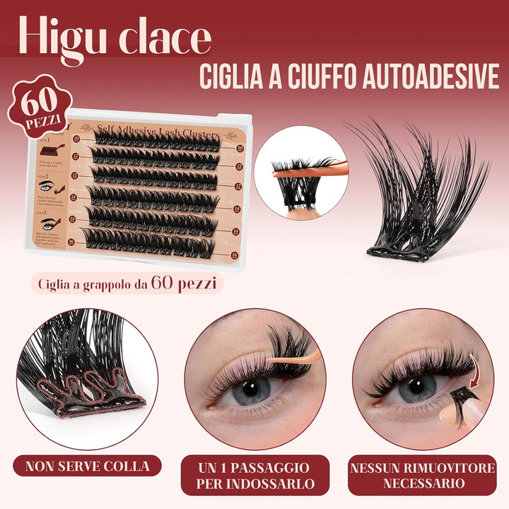 Higu Clace Selbstklebende Wimpern, D-Curl, Set mit vorgeklebten Wimpern Mix 10-16 mm, ohne Kleber un