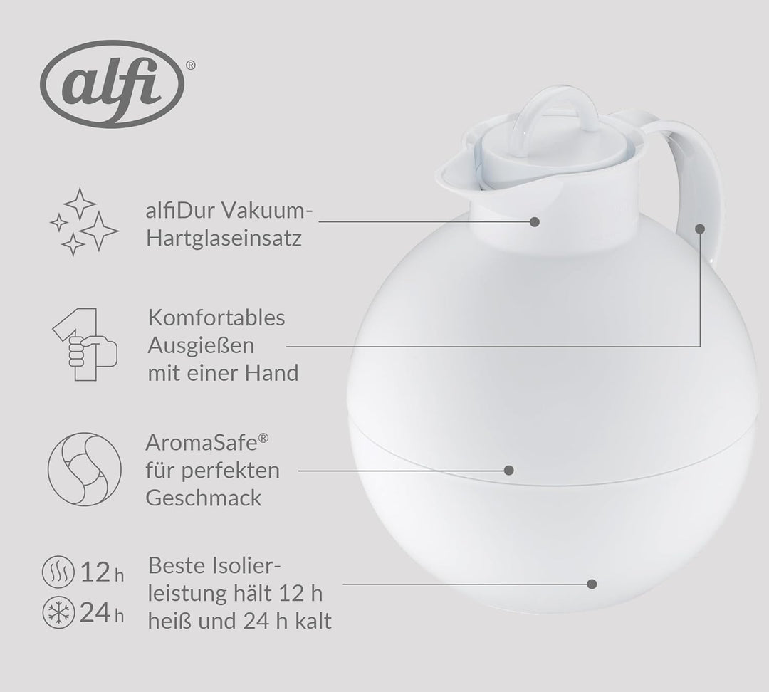 alfi KUGEL 0,94l, coconut white mat, Kunststoff-Isolierkanne mit hygienischem Hartglaseinsatz, Drehv