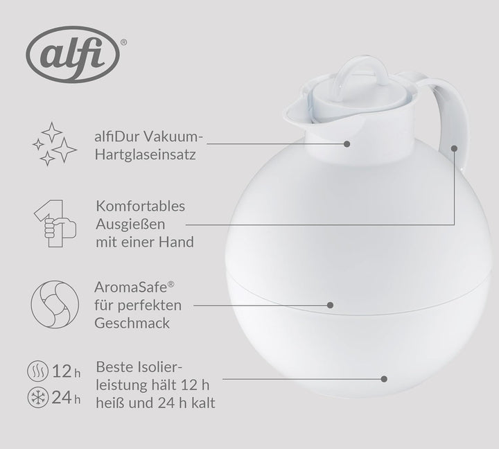 alfi KUGEL 0,94l, coconut white mat, Kunststoff-Isolierkanne mit hygienischem Hartglaseinsatz, Drehv