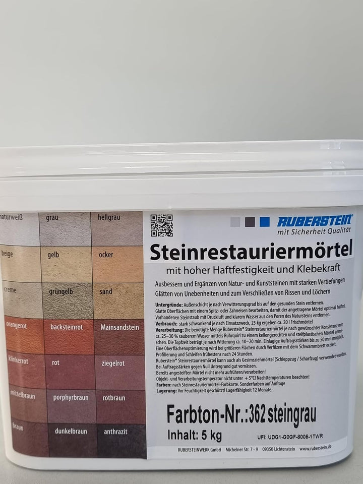 Ruberstein Steinrestauriermörtel/Reparaturmörtel/Mörtel für Sandstein 5 kg im Eimer (steingrau)