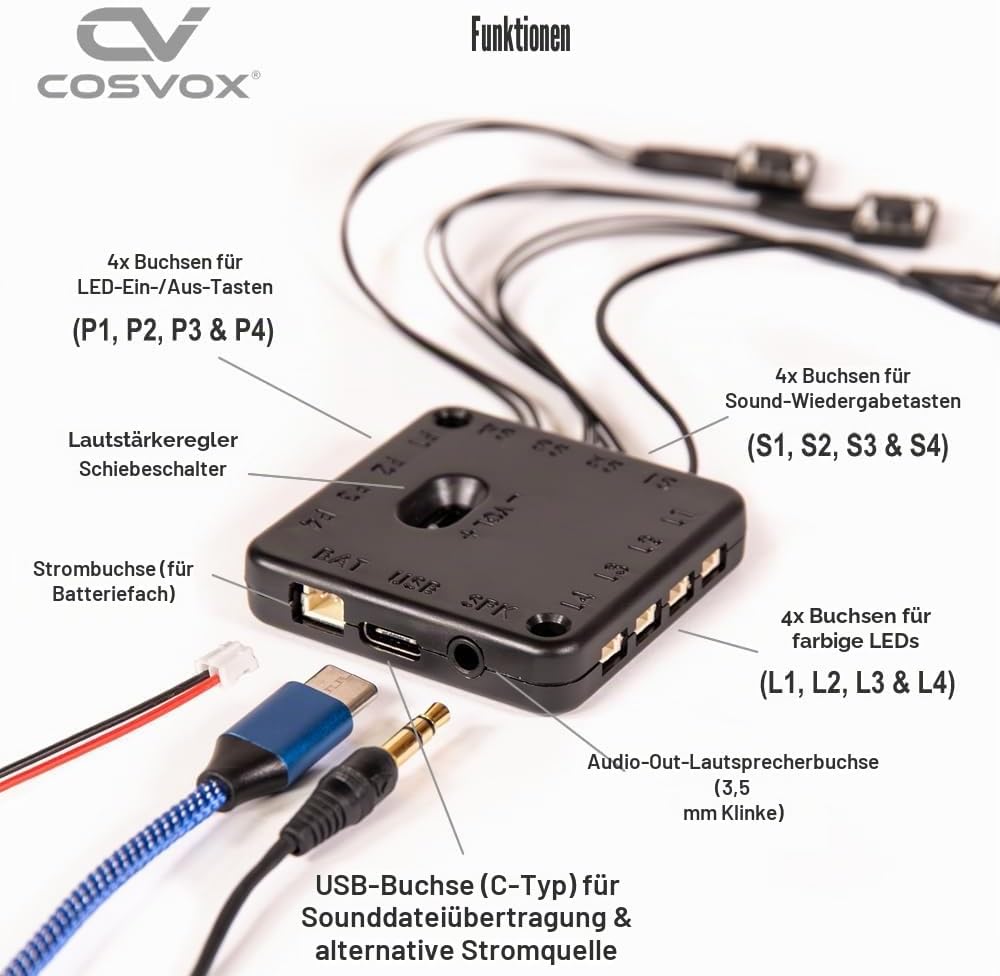 COSVOX Cosplay-Soundeffektmodul + LED-Lichtset. DIY beschreibbarer MP3-Soundchip mit 4 Drucktasten,