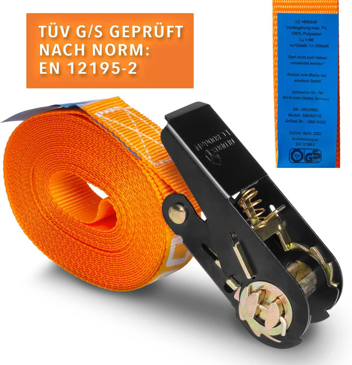 Alubox Spanngurt mit Ratsche 25mm breit orange Belastbarkeit 800kg Ratschengurt TÜV G/S geprüft - Lä
