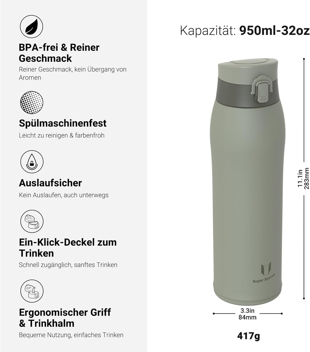 Super Sparrow Trinkflasche Edelstahl - Thermobecher - 500ml, 750ml, 950ml - BPA-Frei Thermosflasche,