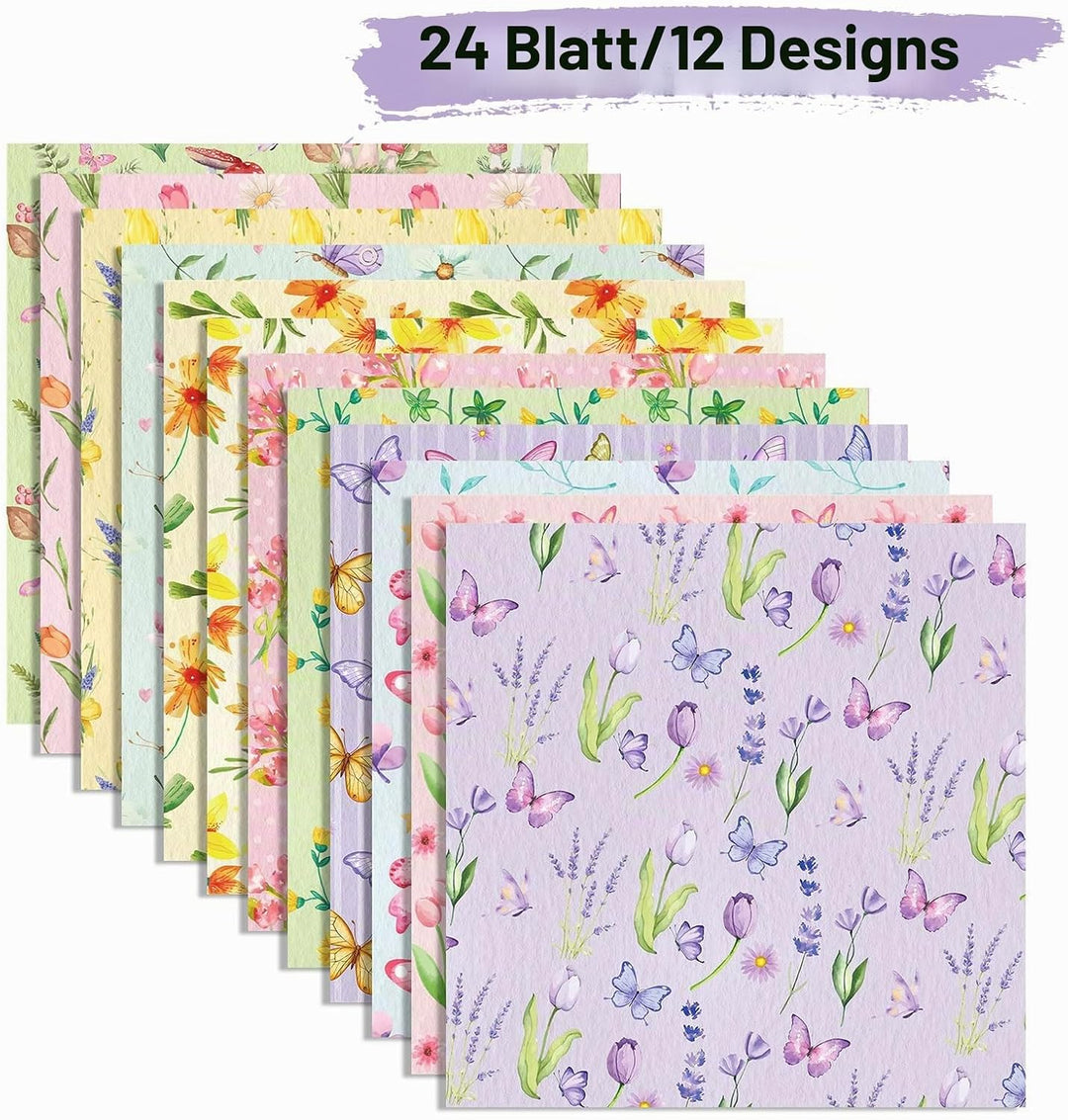 24 Blatt Designpapier Blumenmuster Motivpapier Scrapbook Papier 30x30 cm Doppelseitiges Bastelpapier