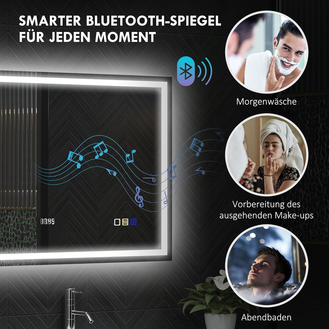 HOMCOM Badspiegel mit Beleuchtung 100x80 cm LED Spiegel Wandspiegel mit Bluetooth-Musikfunktion Memo