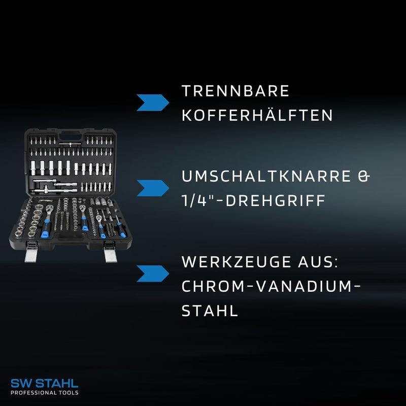 SW-Stahl 07784L Steckschlüsselsatz, 1/4", 3/8", 1/2" Zoll, 184-teilig I Ratschenkasten I Knarrenkast