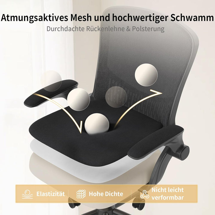 naspaluro Ergonomischer Bürostuhl, Schreibtischstuhl mit klappbaren Armlehnen, höhenverstellbar, Nei