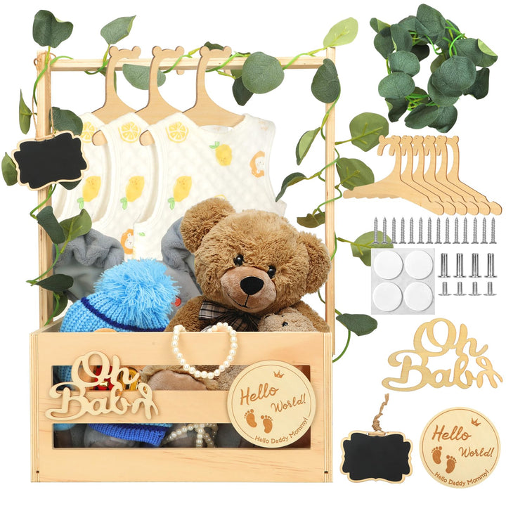 Babyparty Geschenk mit Holz, Babykorb mit 6 Holzkleiderbügel und Dekorblättern, Geschenkkorb Baby Ko