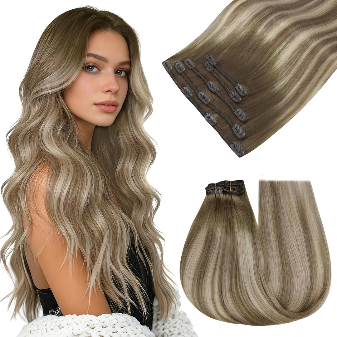 Easyouth Echthaar Extensions Clip in Balayage Haarverlangerung Clips in Extensions Echthaar Dunkelbr