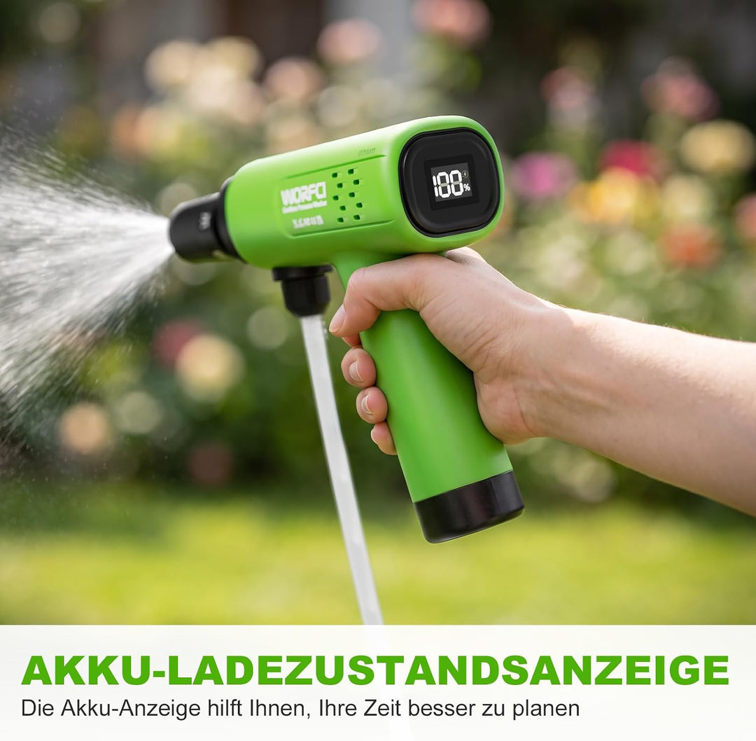 Druckreiniger Handheld Compact, USB-C-Anschluss, Batterieanzeige | Mitteldruck MAX 18 Bar, 5-in-1 Mu