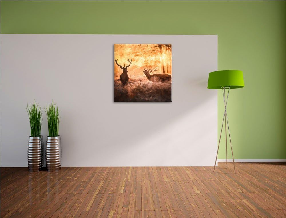 Pixxprint Hirsche im Wald, Format: 70x70 auf Leinwand, XXL riesige Bilder fertig gerahmt mit Keilrah