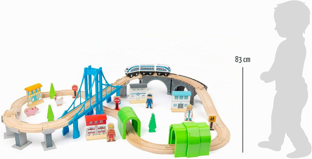 small foot Eisenbahn "Brückenschlag" aus Holz mit Hängebrücke und Tunneln, Spielwelt auf zwei Ebenen