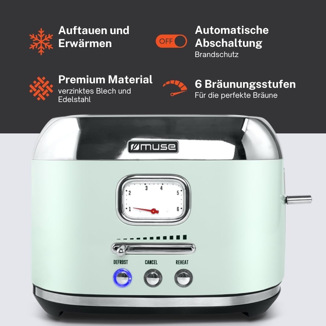 Muse Retro Toaster, 2 Scheiben, 6 Bräunungsstufen, analoge Anzeige, beleuchtete Tasten, Krümelschubl
