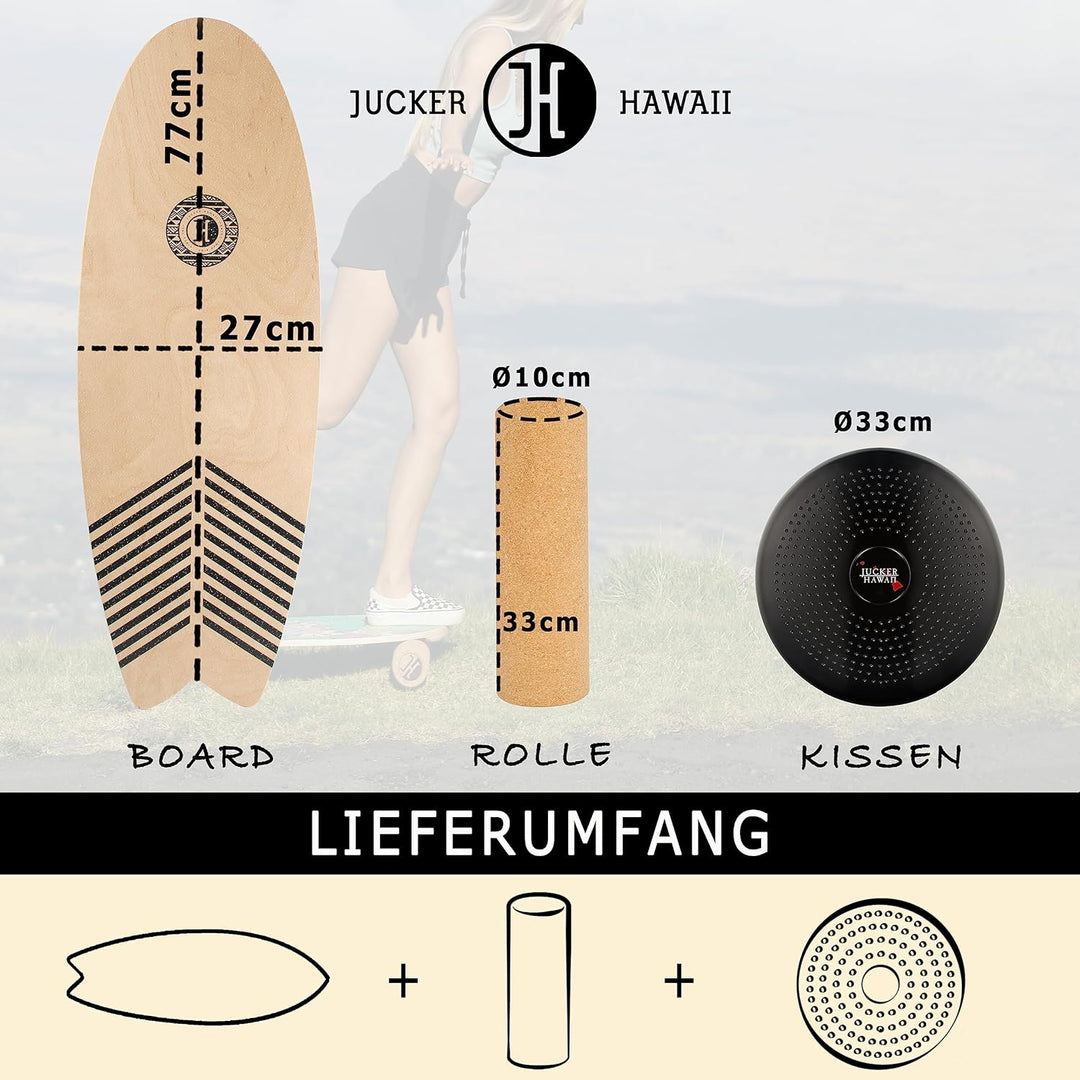 JUCKER HAWAII Balance Boards - Trick & Surf Balanceboard (100% Echtholz) mit extra rutschfester Ober