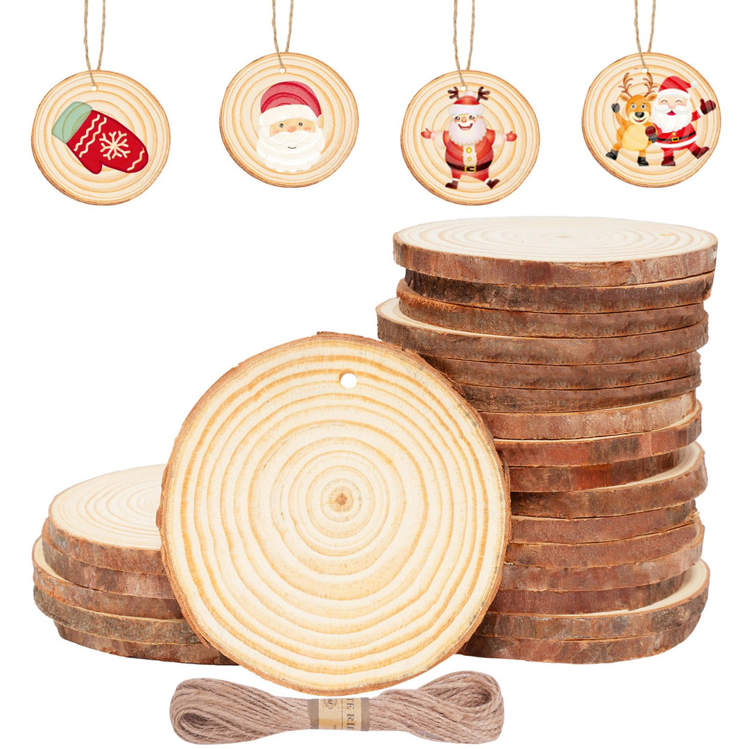 50 Stück Holzscheiben mit Loch, 5-6CM Holz Log Scheiben mit 10m Jute Schnur, Baumscheiben Rund zum B