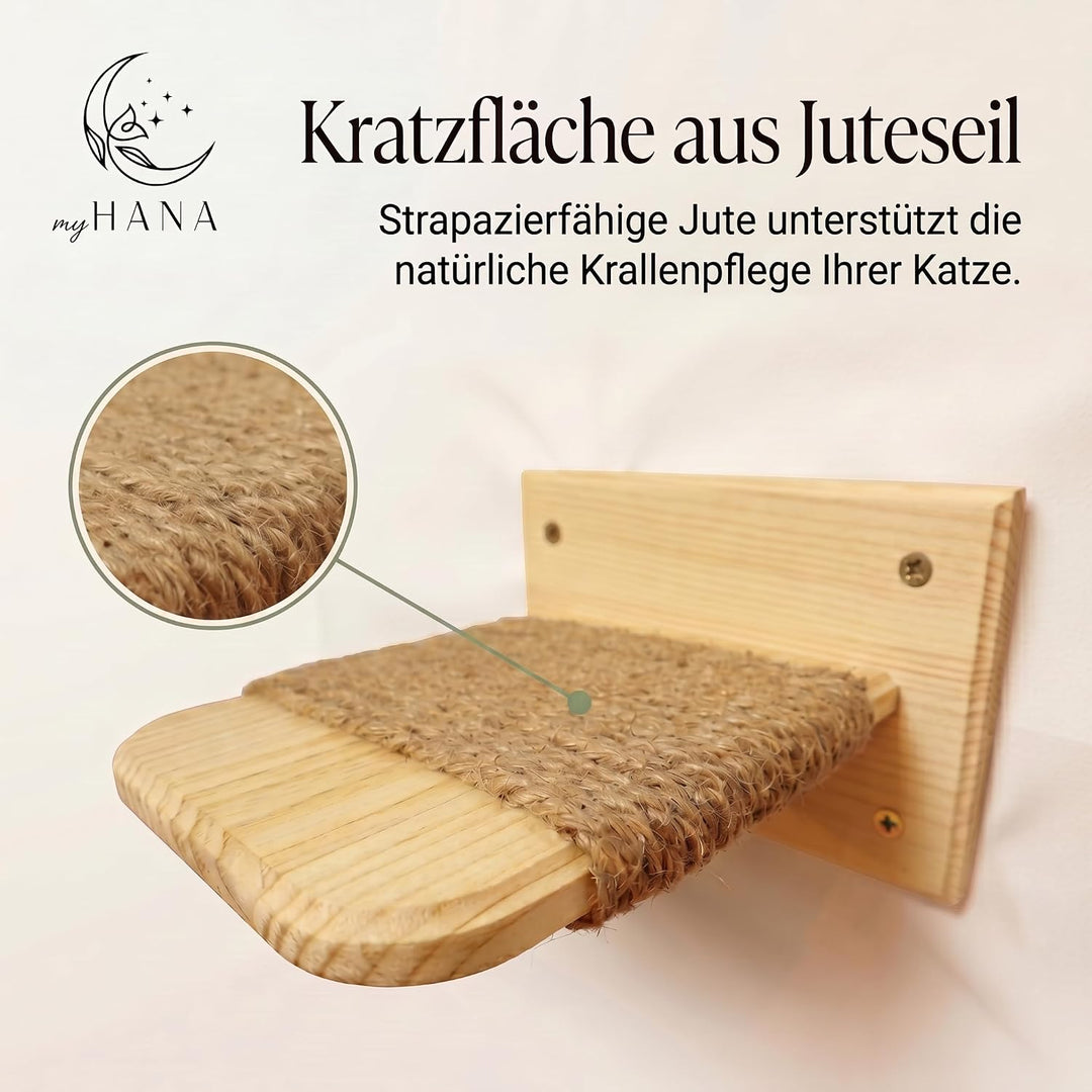 Katzen Wandtreppe aus Massivholz – 3er Set Kletterstufen für Katzen mit Juteseil – Katze Wandmöbel a