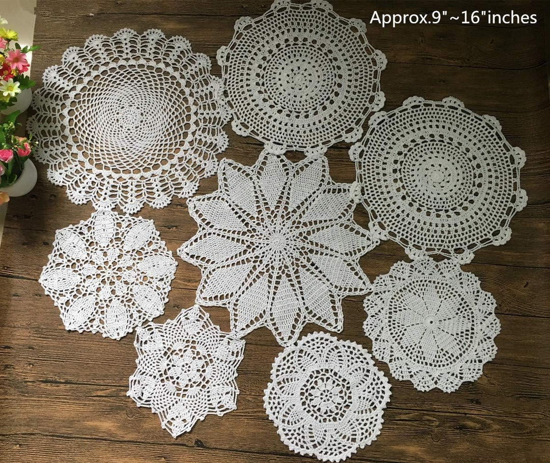 MINDPLUS Set mit 8 Handgehäkelten Deckchen aus Baumwolle Gehäkelte Spitze Deckchen Untersetzer Tisch