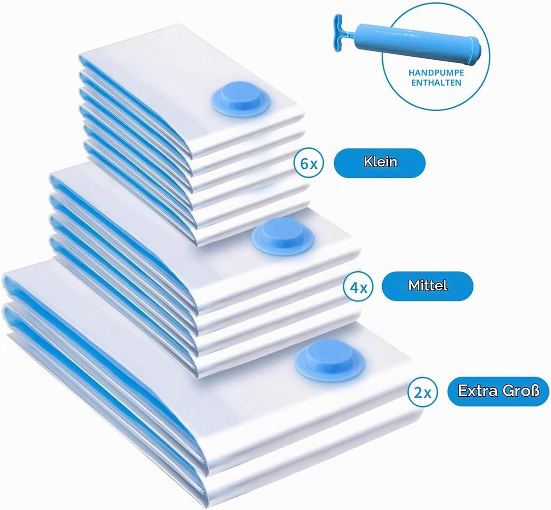 12 Stück Vakuumbeutel für Kleidung mit luftdichtem Ventil und Handpumpe Vakuum (6x50x70cm/4x60x80cm/