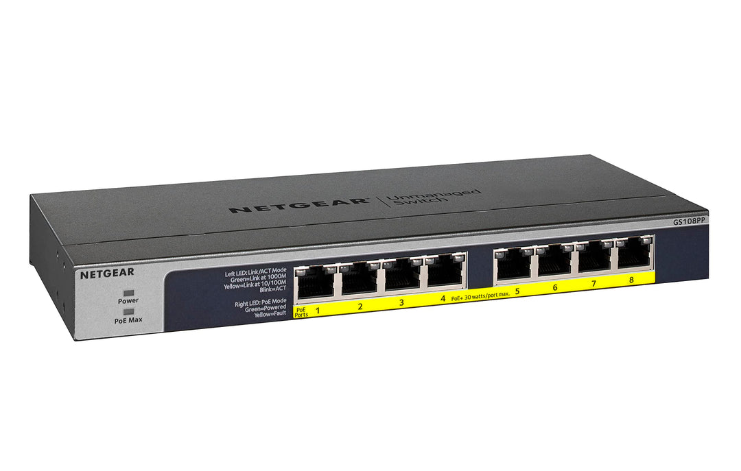 NETGEAR GS108PP PoE Switch 8 Port Gigabit Ethernet LAN Switch mit 8x PoE+ 123W (Plug-and-Play Netzwe