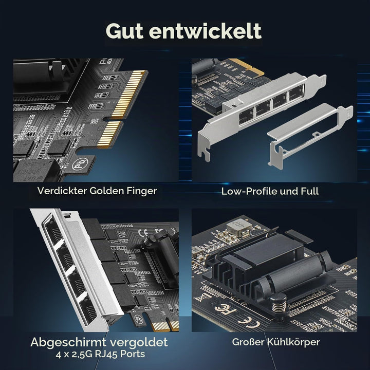 Binardat 4 Ports 2.5G PCIe Netzwerk Adapter, RTL8125B LAN Controller, 2500/1000/100Mbps RJ45 Etherne