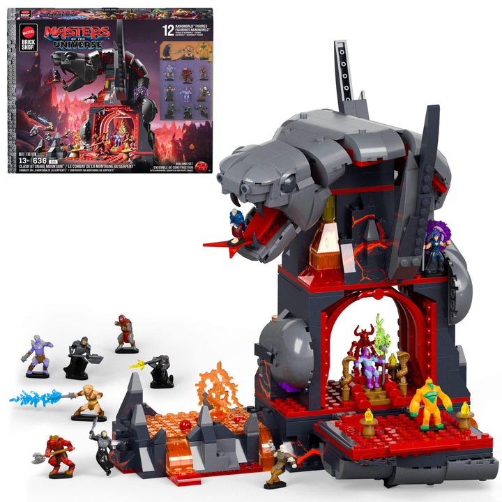 Mattel Brick Shop Masters of the Universe Bauset, Clash at Snake Mountain mit 636 Teilen und 12 Figu