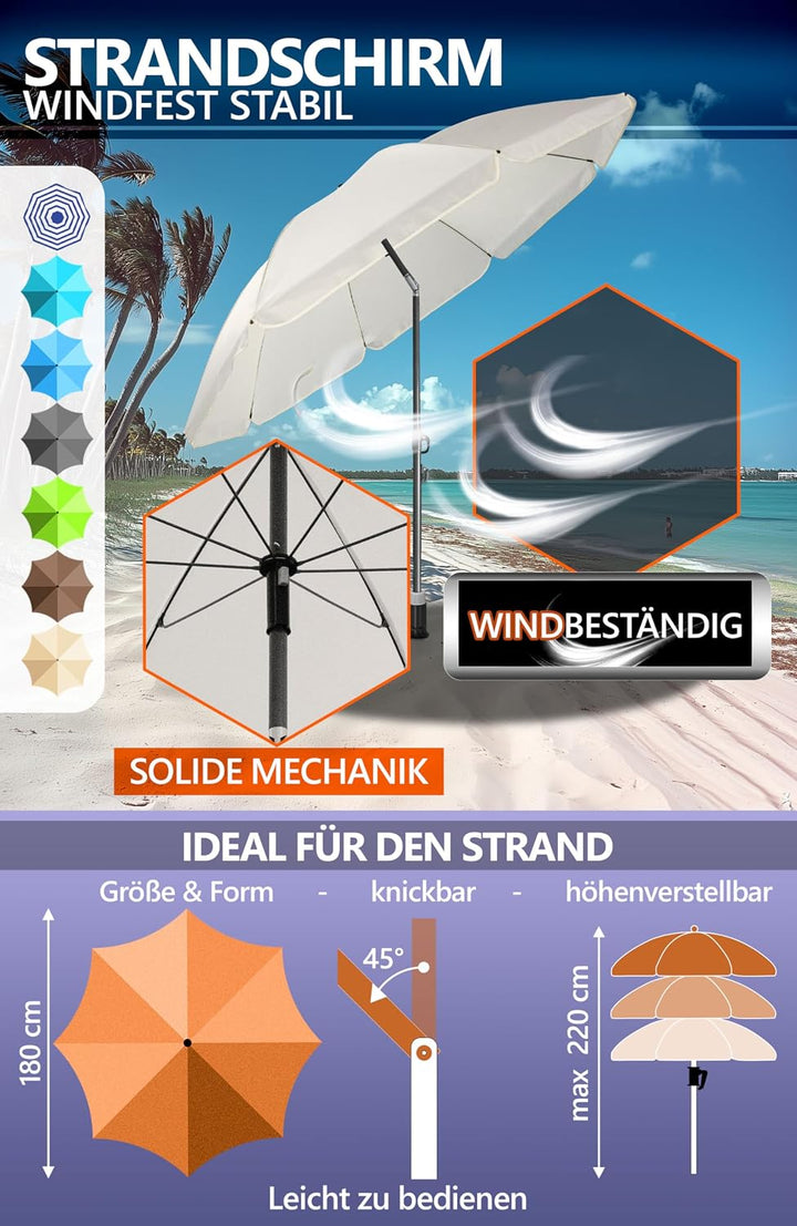 4smile Sonnenschirm Strand SunnyJoy Ø 180 cm, 3-IN-1 Set - UPF 50+ Strandschirm + Sonnenschirm Schut