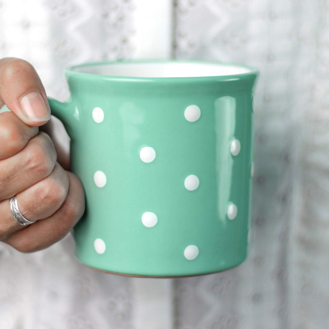 City to Cottage® - Keramik XXL Becher 500 ml | Kaffeebecher | Türkis und Weiss | Polka Dots | Handge
