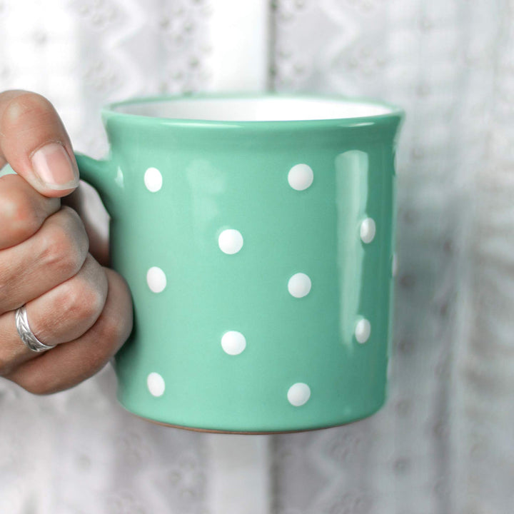 City to Cottage® - Keramik XXL Becher 500 ml | Kaffeebecher | Türkis und Weiss | Polka Dots | Handge